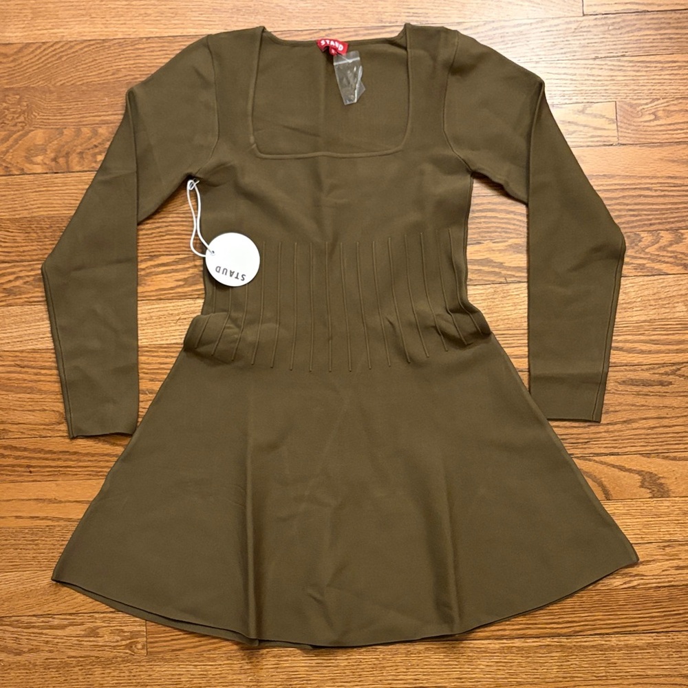 STAUD Olive Green Long Sleeve Fit-and-Flare Dress